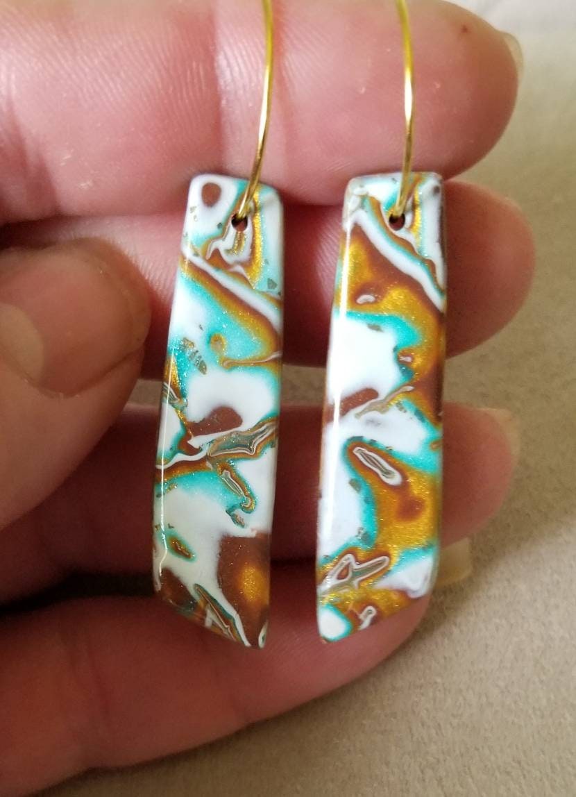 Mokume Gane - Mia Statement Earrings - Turquoise, Gold, Brown, and Pearl #5