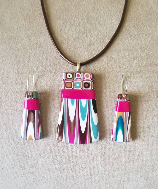 Klimt - Pendant and Earring Set - Fushia, Gold, & Turquoise