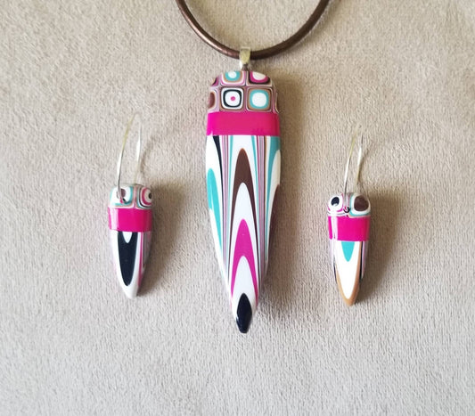 Klimt - Pendant and Earring Set - Fushia, White, and Brown Dagger