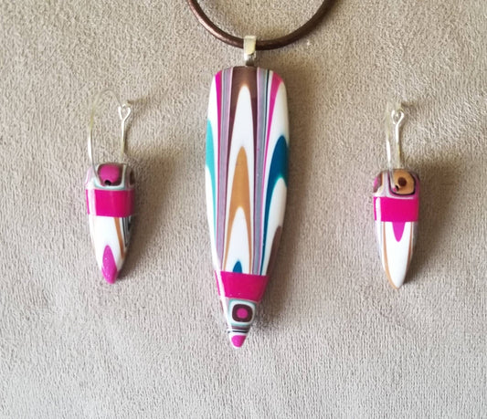 Klimt - Pendant and Earring Set - Fushia, White, and Gold Dagger