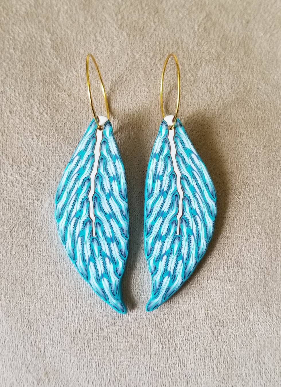 Boho Feather Statement Earrings - Lt Blue and White
