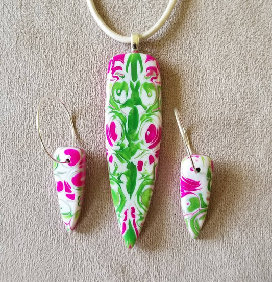 Mokume Gane - Pendant and Earring Set - Pearl Green and Fushia Dagger #2