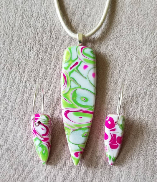 Mokume Gane - Pendant and Earring Set - Pearl Green and Fushia Dagger #1