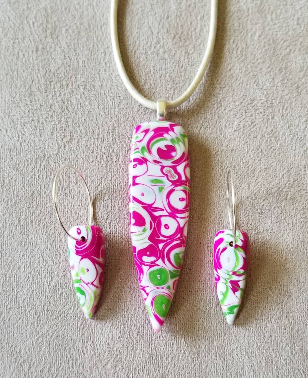 Mokume Gane - Pendant and Earring Set - Fushia and Pearl Green #1