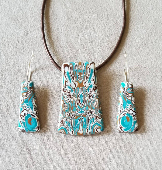 Mokume Gane - Pendant and Earring Set - Turquoise, Dark Gold, Brown, and White #3