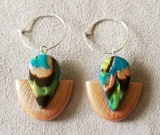 Mokume Gane - Lily Statement Earrings - Teal, Copper, and Green #1