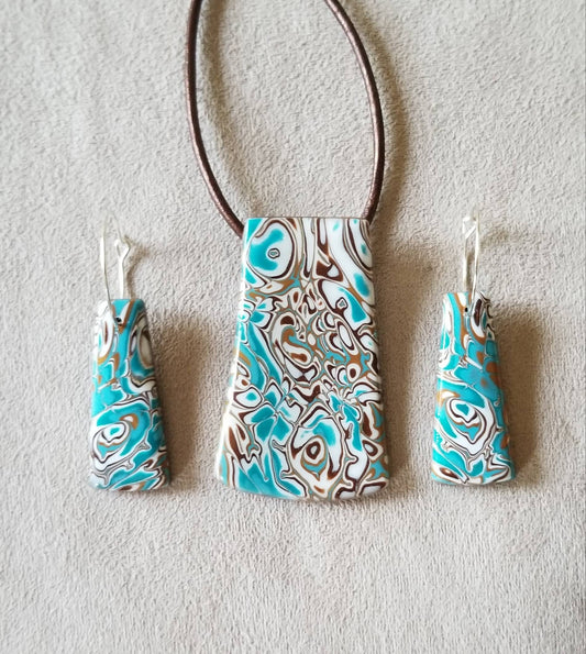 Mokume Gane - Pendant and Earring Set - Turquoise, Dark Gold, Brown, and White #2