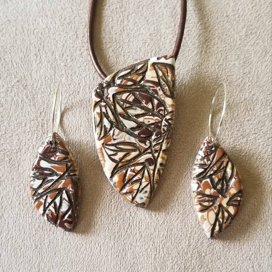 Embossed Mokume Gane - Pendant and Earring Set - Dk Brown, Beige, and Tan w/Dk brown