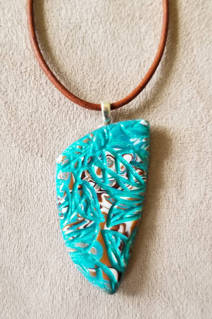 Embossed Mokume Gane - Pendant and Earring Set - Dk Brown, Tan, and White w/Aqua