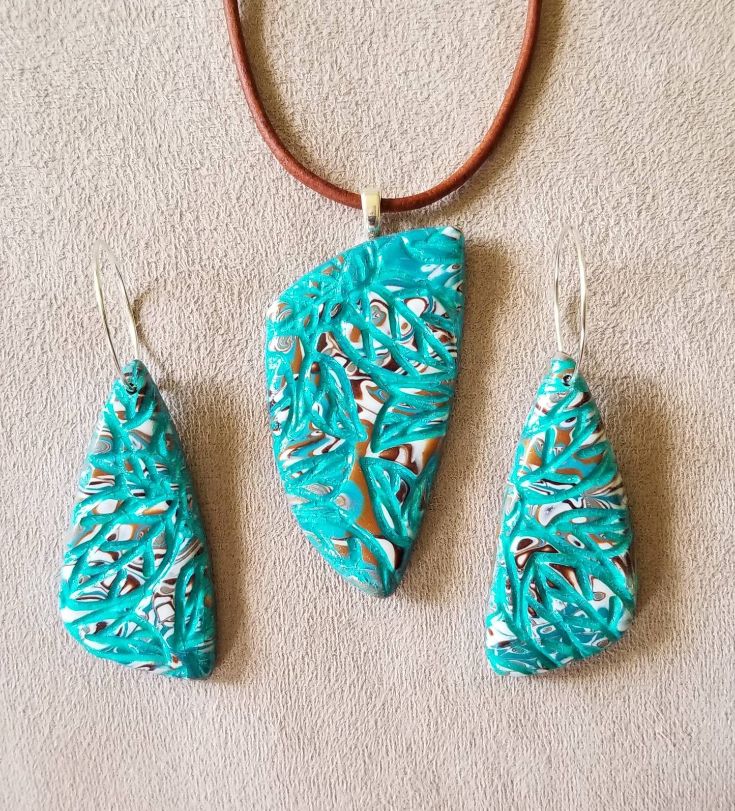 Embossed Mokume Gane - Pendant and Earring Set - Dk Brown, Tan, and White w/Aqua