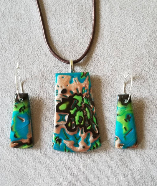 Mokume Gane - Pendant and Earring Set - Teal, Green, and Copper