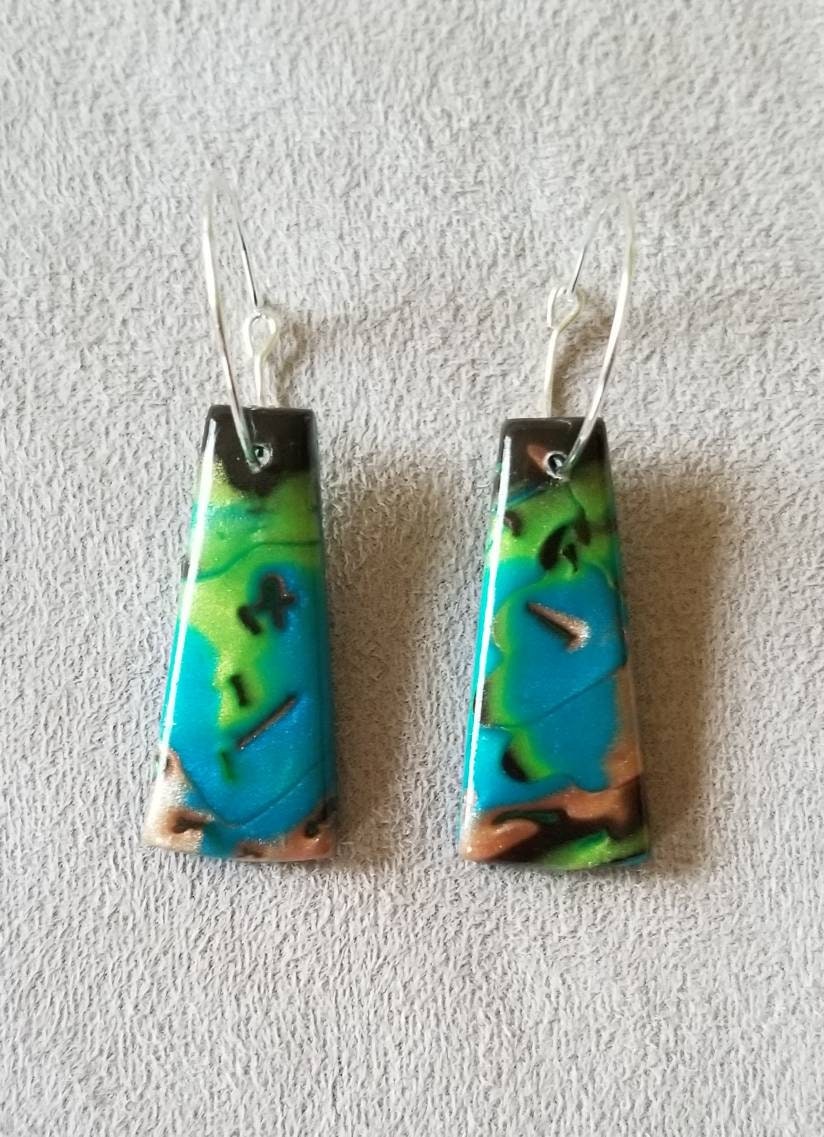 Mokume Gane - Pendant and Earring Set - Teal, Green, and Copper