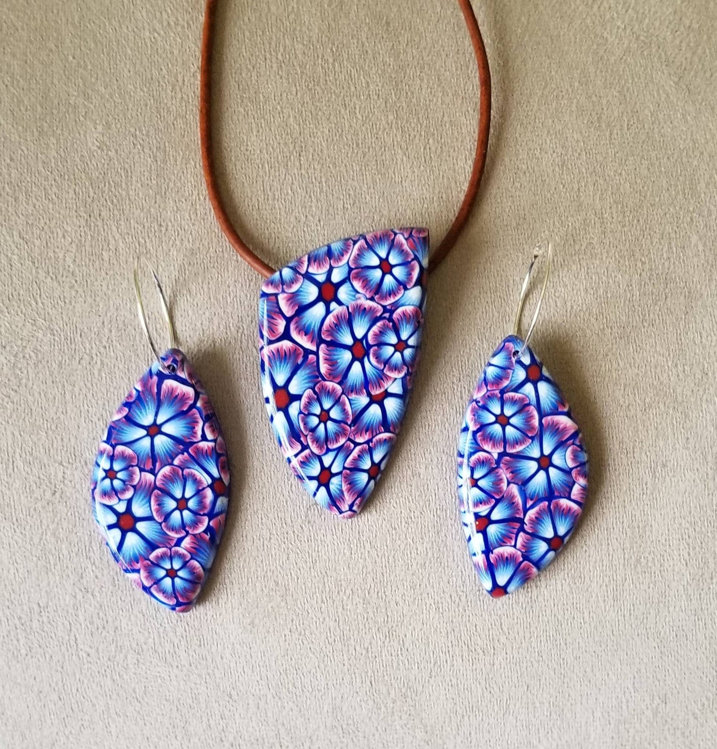 Floral - Boho Flower Pendant and Earring Set- Red, White and Blue Shield