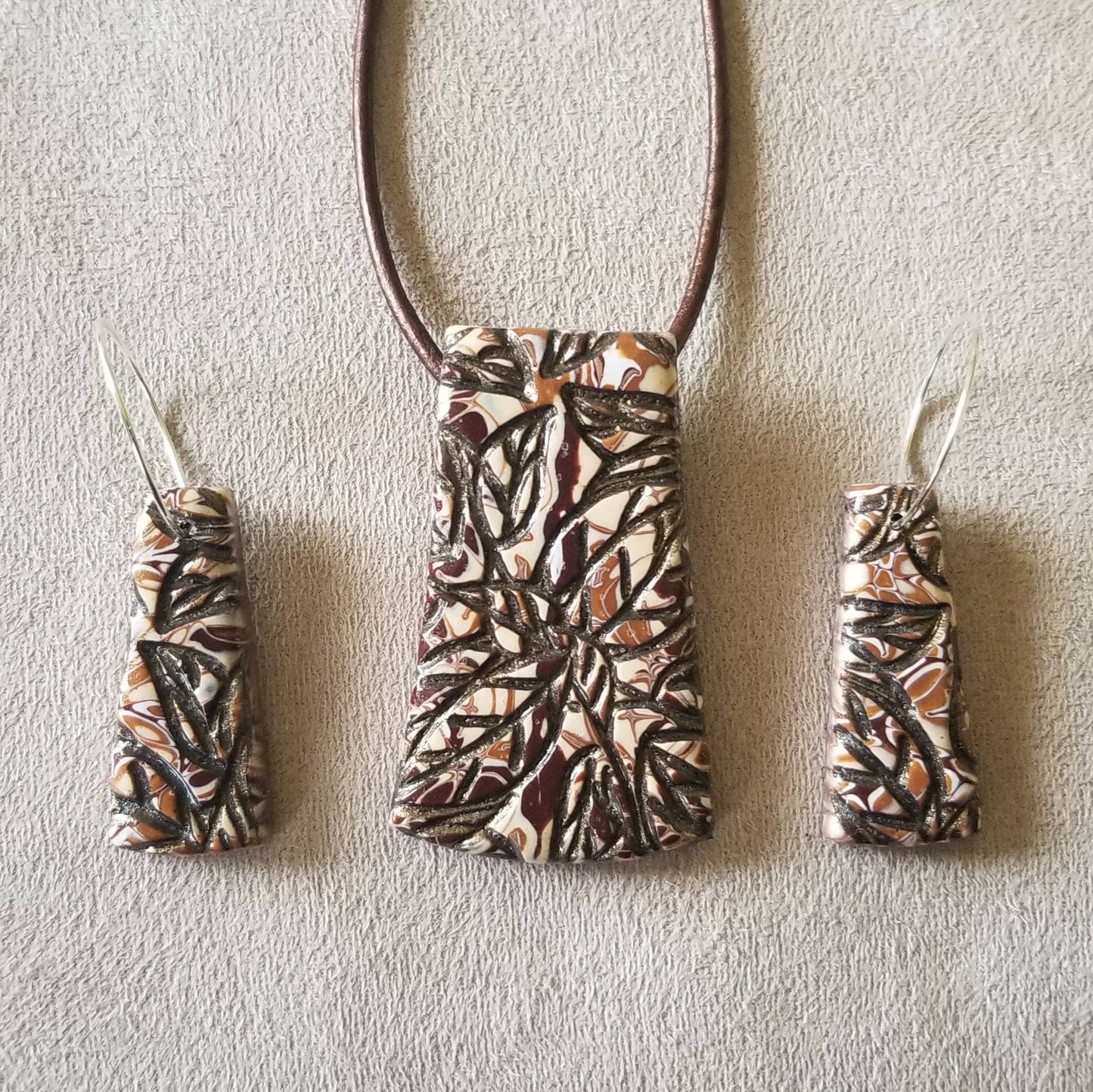 Embossed Mokume Gane - Pendant and Earring Set - Brown, Beige, and White w/Dk Brown