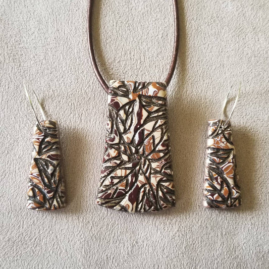 Embossed Mokume Gane - Pendant and Earring Set - Brown, Beige, and White w/Dk Brown