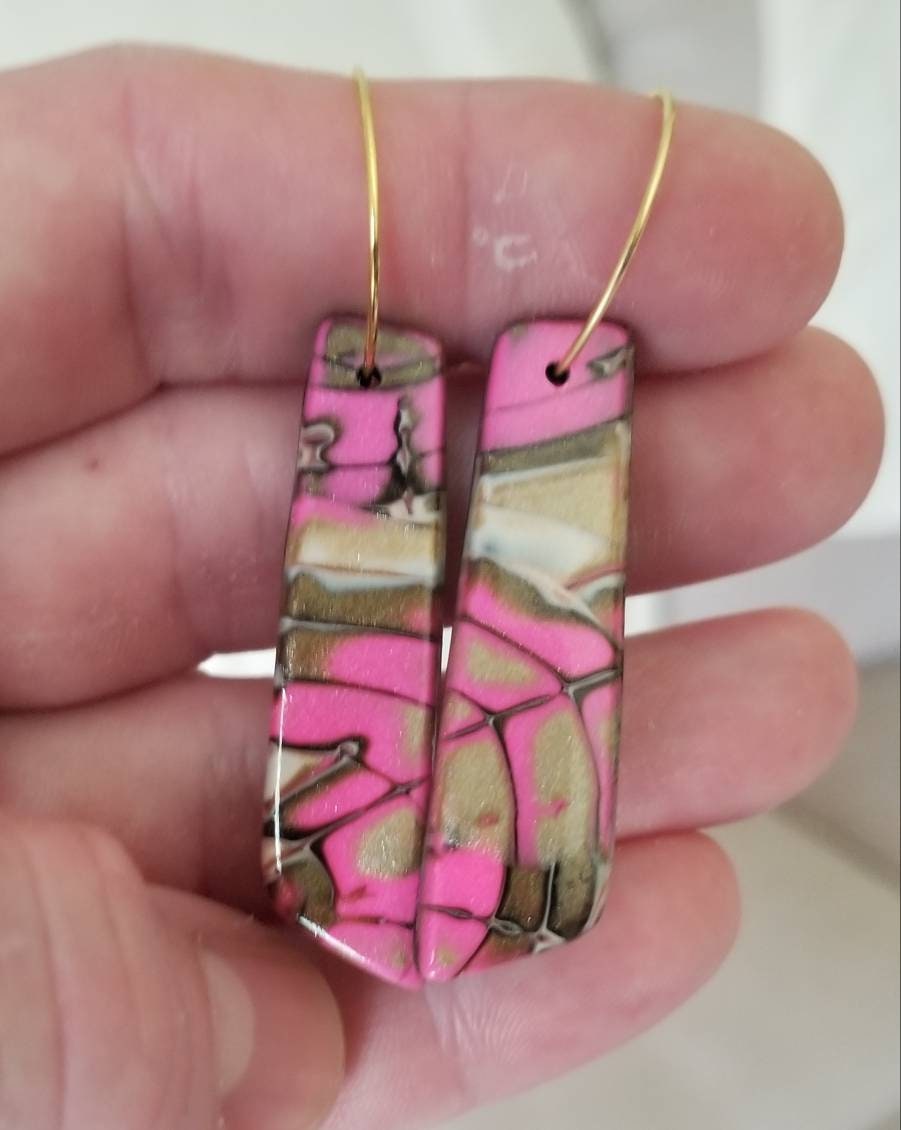 Mokume Gane - Mia Statement Earrings - Hot Pink, Cream, and Gold #2