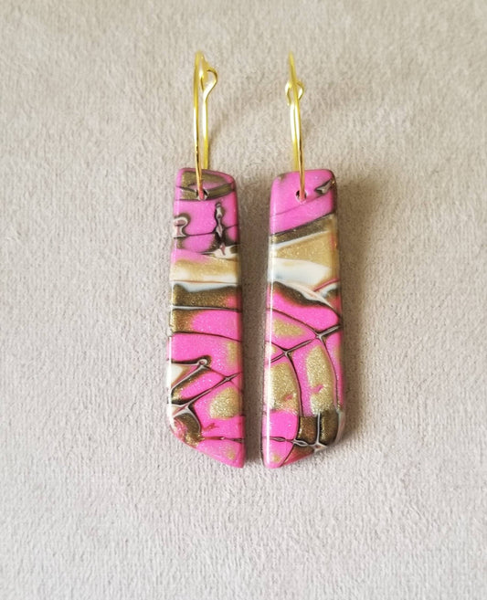 Mokume Gane - Mia Statement Earrings - Hot Pink, Cream, and Gold #2