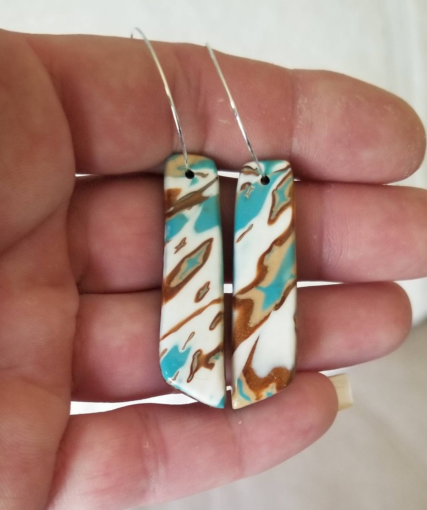 Mokume Gane - Mia Statement Earrings - Turquoise, Dark Gold and White #11