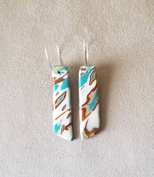 Mokume Gane - Mia Statement Earrings - Turquoise, Dark Gold and White #11