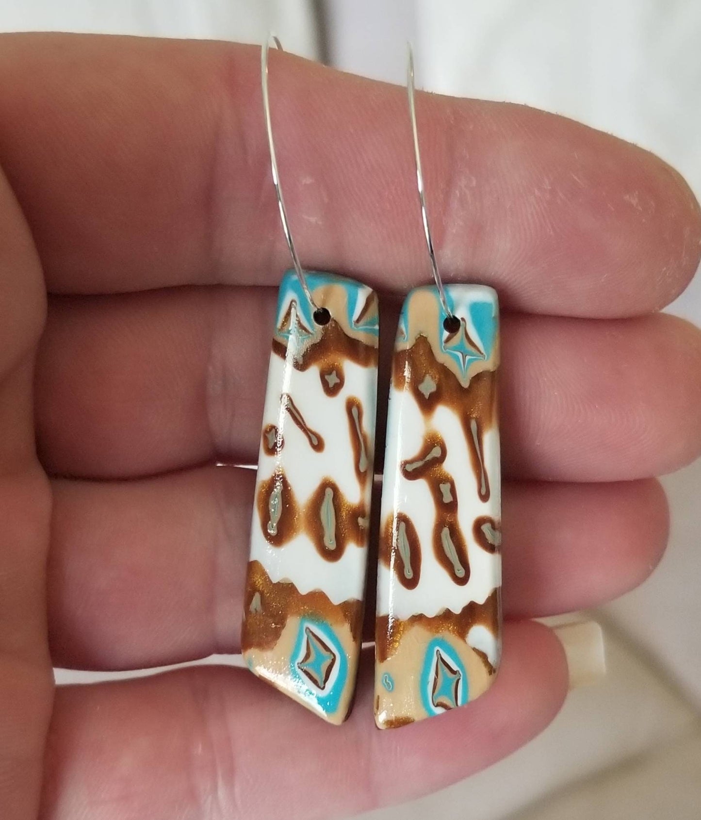 Mokume Gane - Mia Statement Earrings - Turquoise, Dark Gold, and White #1