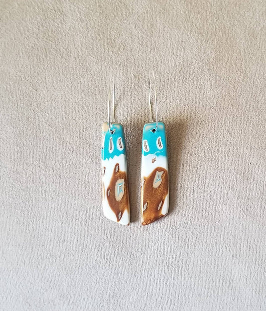 Mokume Gane - Mia Statement Earrings - Turquoise, Dark Gold, and White #10