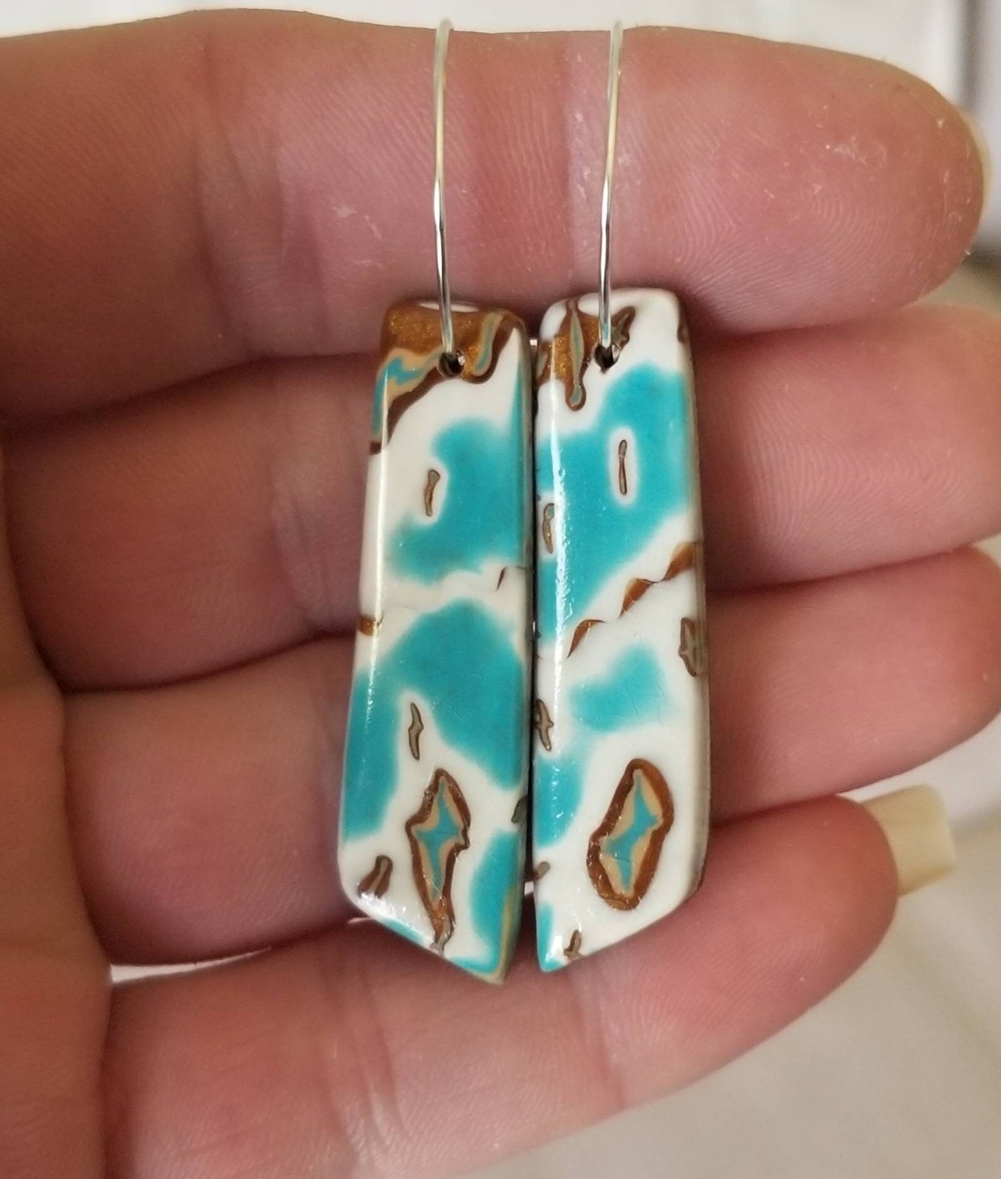 Mokume Gane - Mia Statement Earrings - Turquoise, Dark Gold and White #4