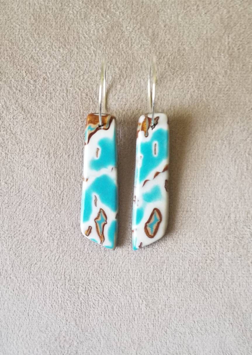 Mokume Gane - Mia Statement Earrings - Turquoise, Dark Gold and White #4