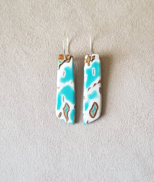 Mokume Gane - Mia Statement Earrings - Turquoise, Dark Gold and White #4