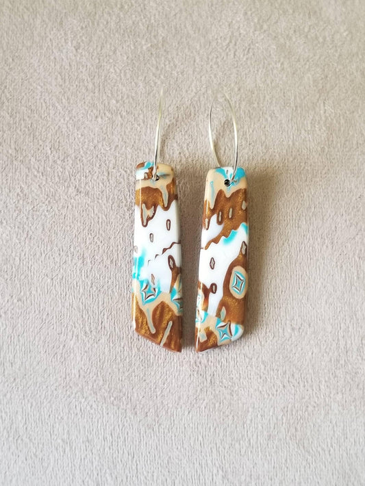 Mokume Gane - Mia Statement Earrings - Turquoise, Dark Gold, and White #7