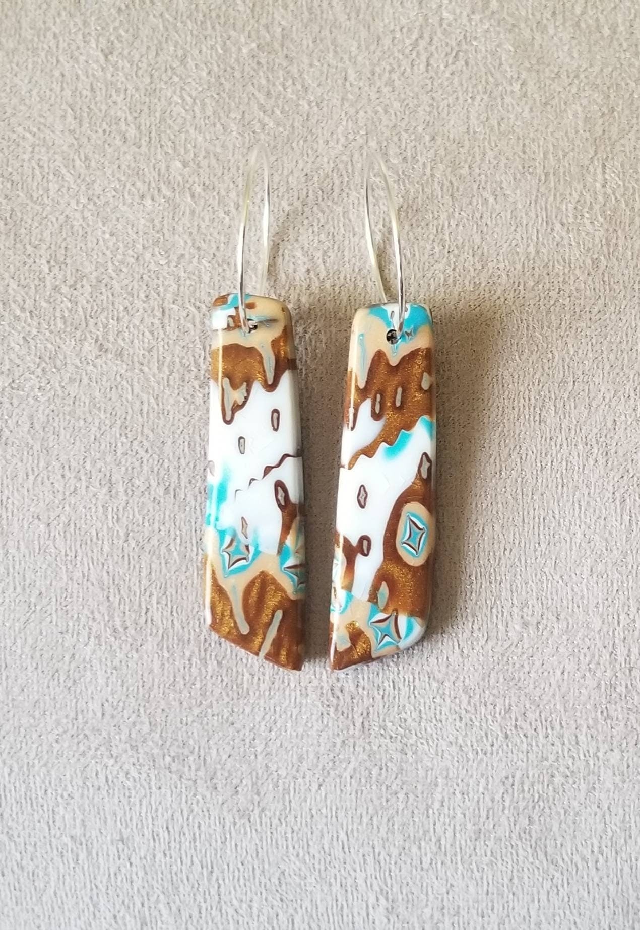 Mokume Gane - Mia Statement Earrings - Turquoise, Dark Gold, and White #7