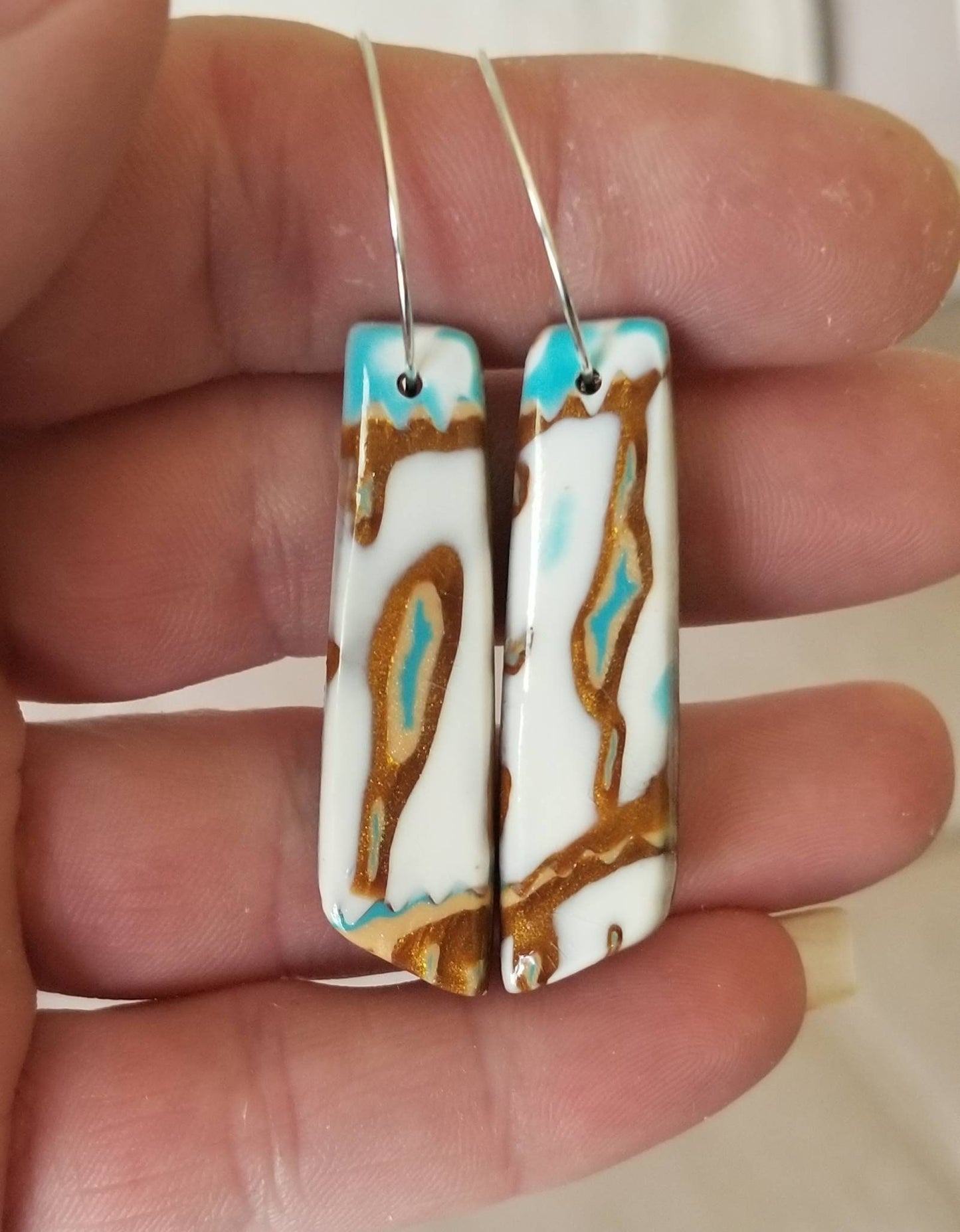 Mokume Gane - Mia Statement Earrings - Turquoise, Dark Gold, and White #3