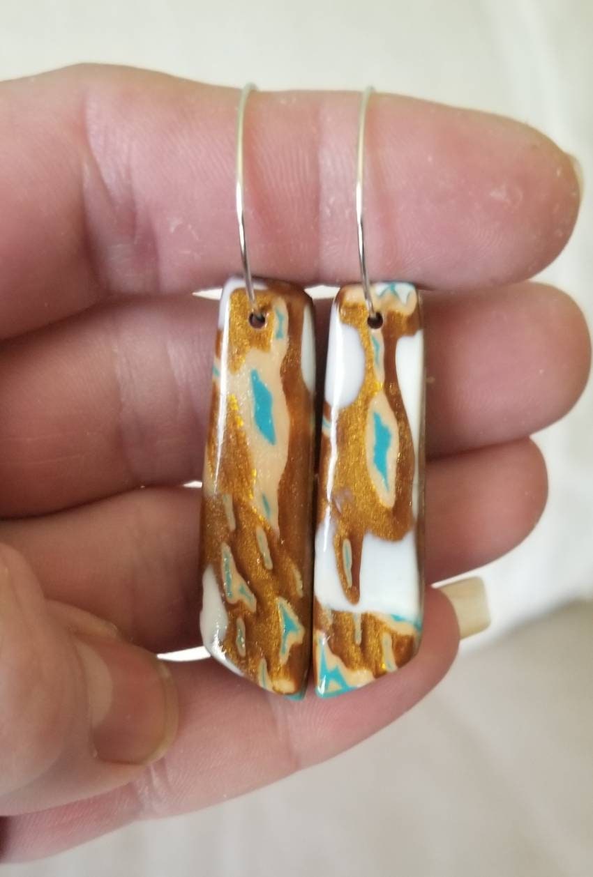 Mokume Gane - Mia Statement Earrings - Turquoise, Dark Gold and White #5