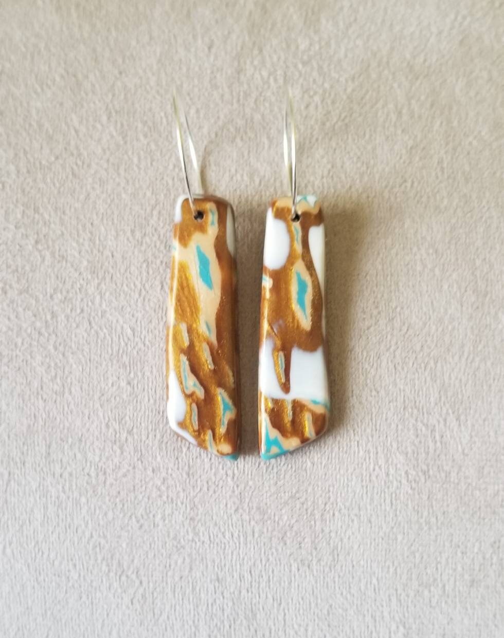 Mokume Gane - Mia Statement Earrings - Turquoise, Dark Gold and White #5