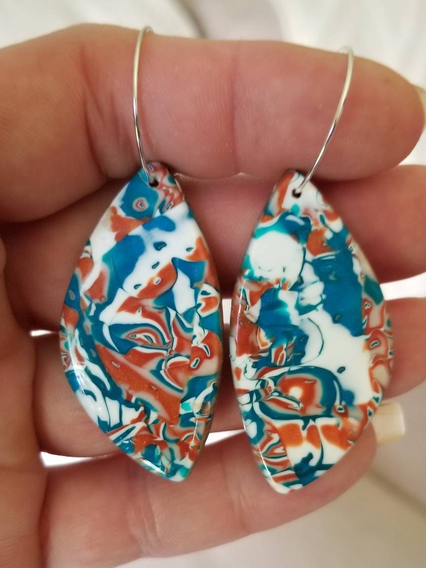 Mokume Gane - Shayna Statement Earrings - Copper, Teal, and White