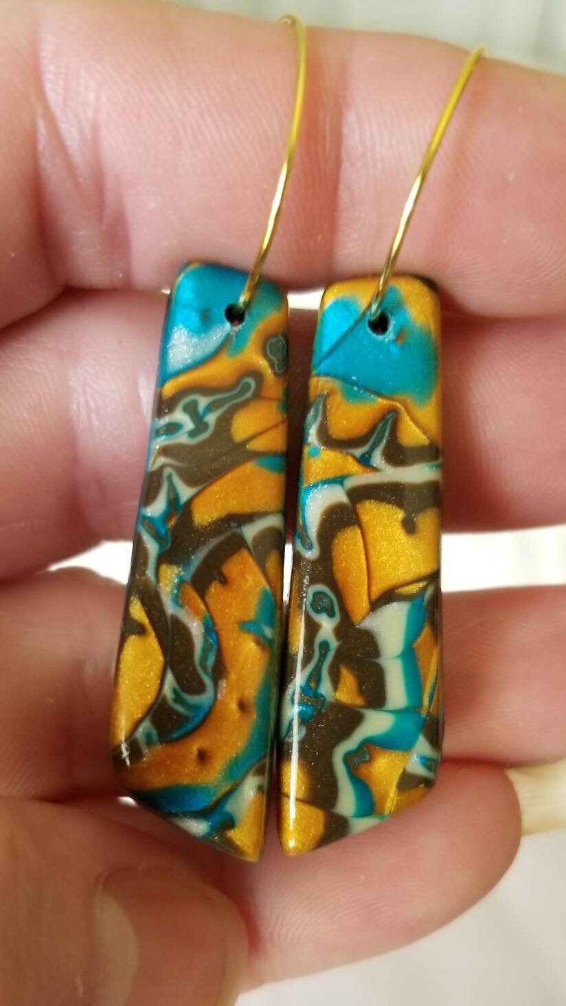Mokume Gane - Mia Statement Earrings - Teal, Gold, and Dark Brown #5