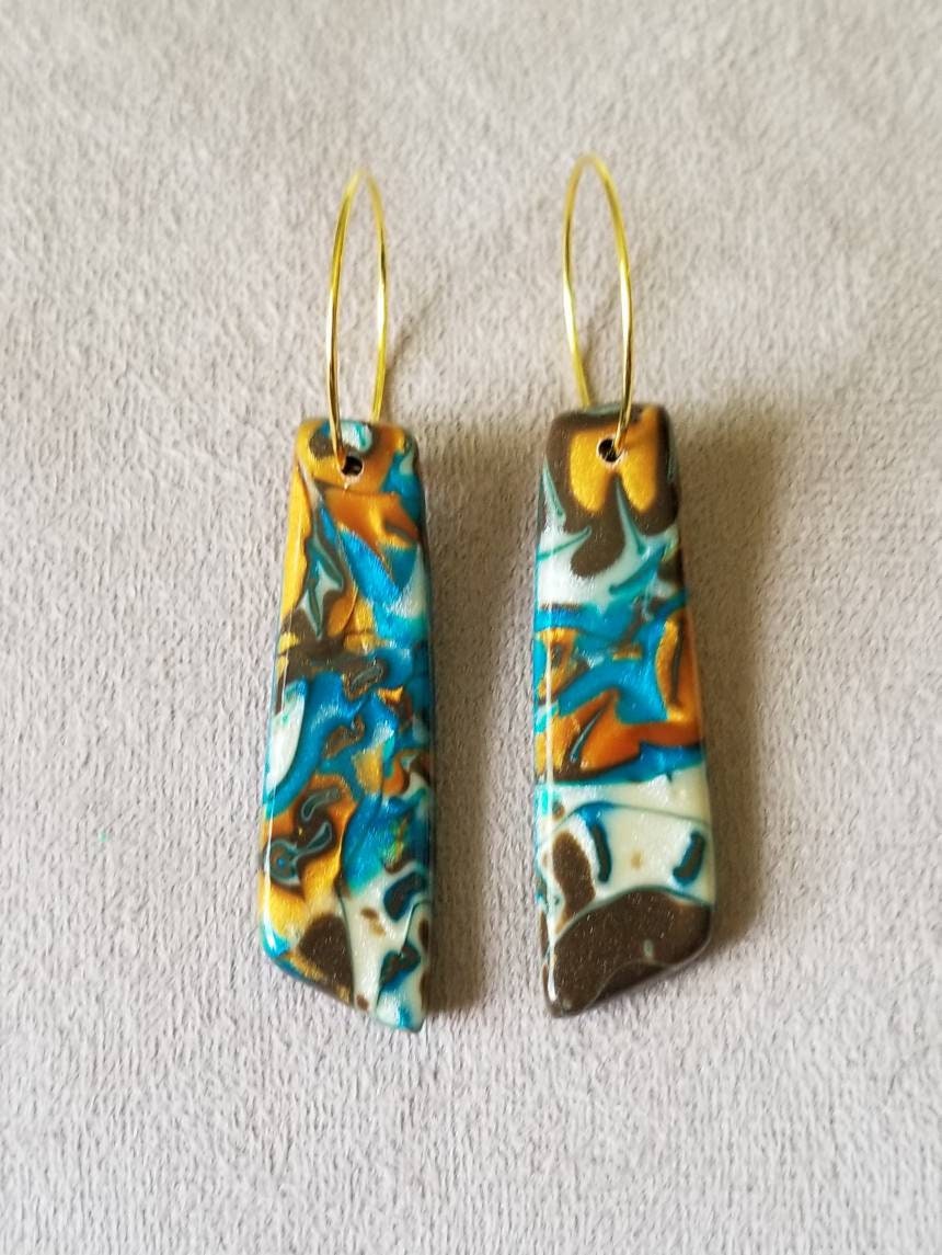 Mokume Gane - Mia Statement Earrings - Teal, Gold, and Dark Brown #4