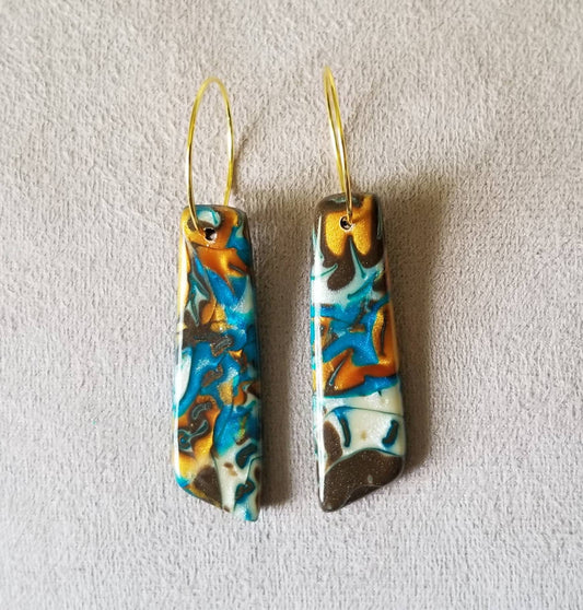 Mokume Gane - Mia Statement Earrings - Teal, Gold, and Dark Brown #4