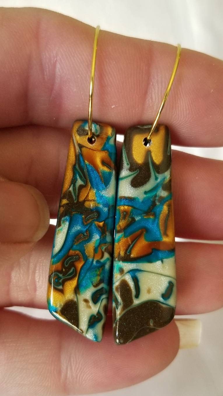 Mokume Gane - Mia Statement Earrings - Teal, Gold, and Dark Brown #4
