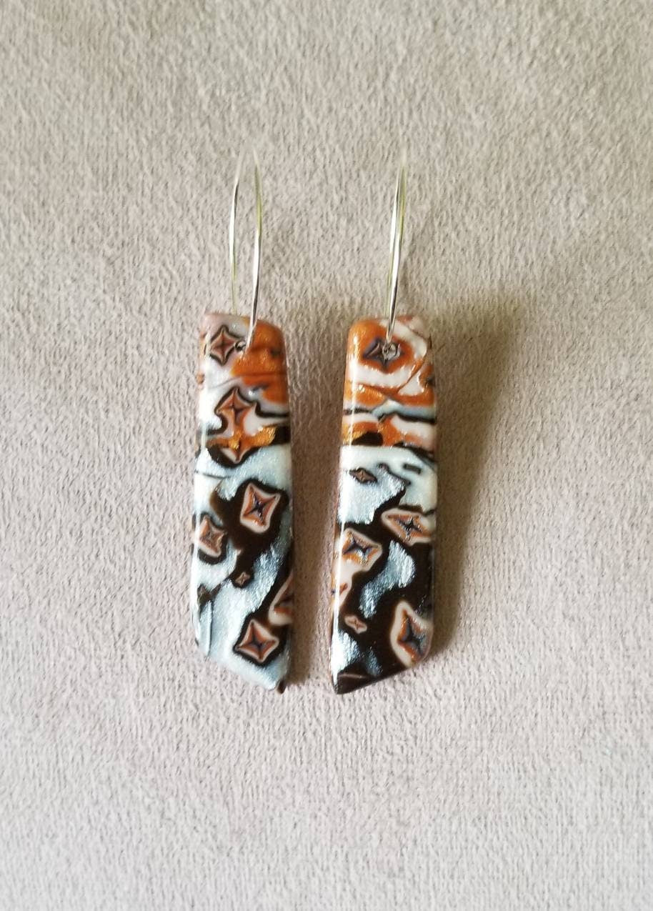 Mokume Gane - Mia Statement Earrings - Copper, Dark Brown and Pearl #2