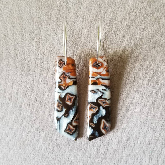 Mokume Gane - Mia Statement Earrings - Copper, Dark Brown and Pearl #2