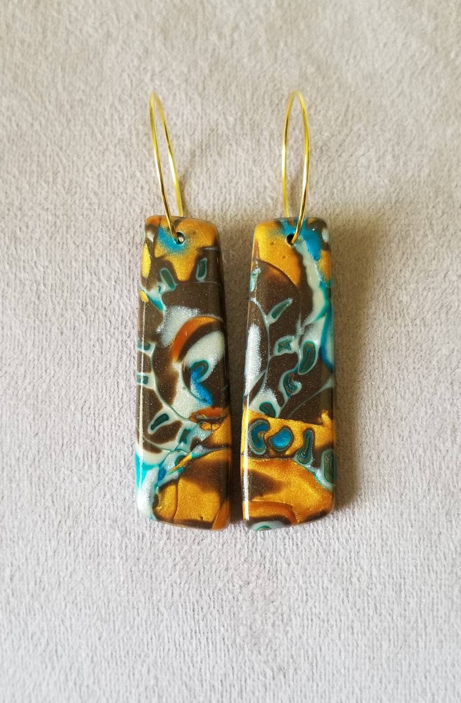 Mokume Gane - Livvy Statement Earrings - Teal, Gold, and Dark Brown #1