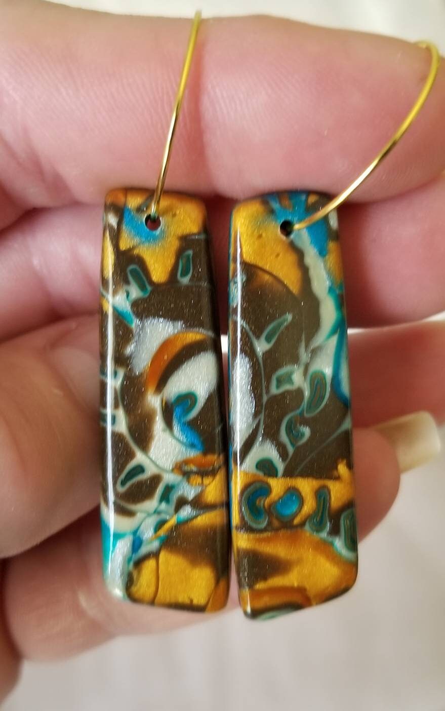 Mokume Gane - Livvy Statement Earrings - Teal, Gold, and Dark Brown #1