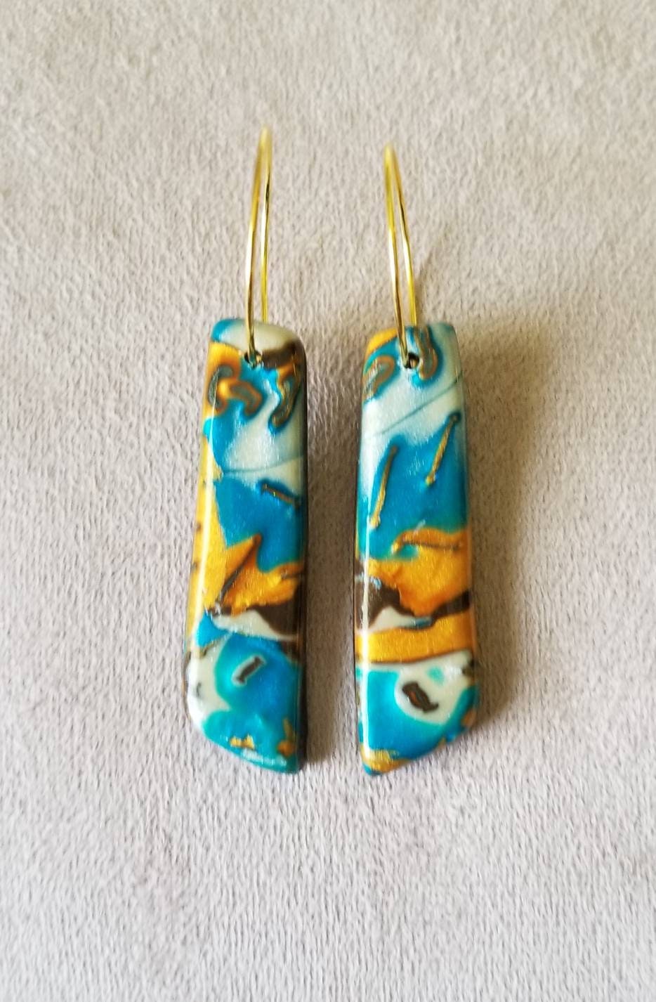 Mokume Gane - Mia Statement Earrings - Teal, Gold and Dark Brown #3