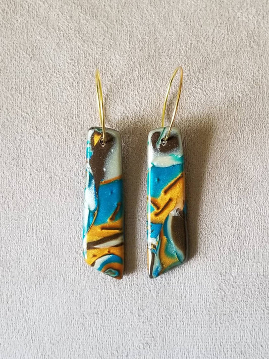 Mokume Gane - Mia Statement Earrings - Teal, Gold, and Dark Brown, #2