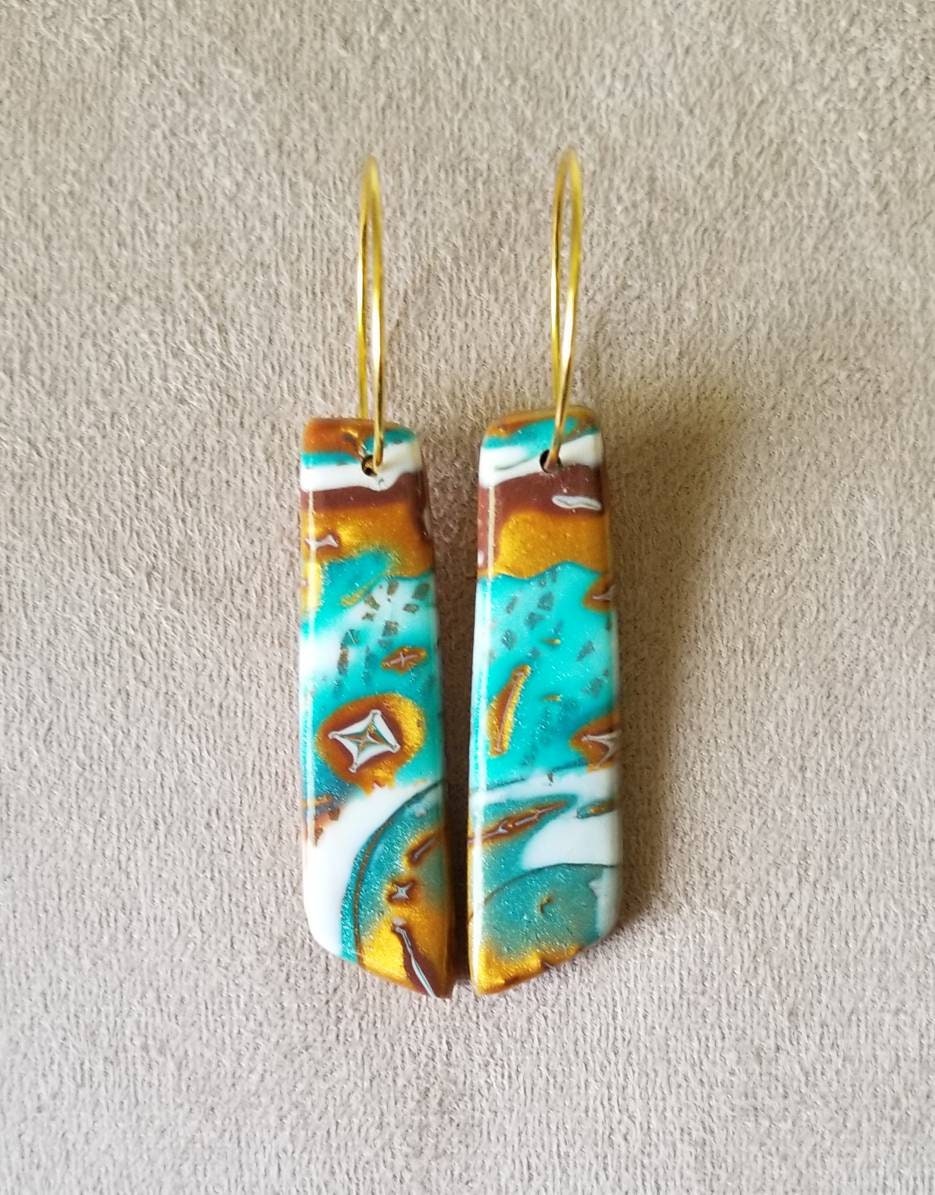 Mokume Gane- Mia Statement Earrings - Turquoise, Gold, Brown, and Pearl #1