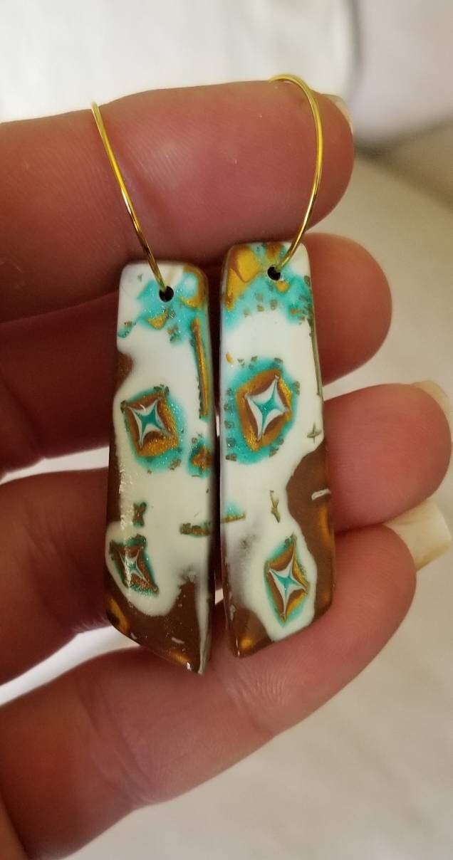 Mokume Gane _ Mia Statement Earrings Turquoise, Gold, Brown, and Pearl #4