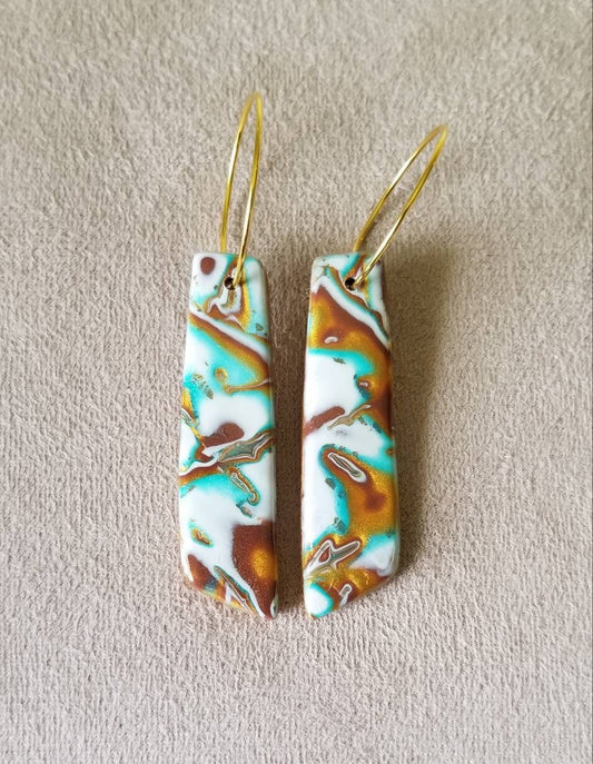 Mokume Gane - Mia Statement Earrings - Turquoise, Gold, Brown, and Pearl #5