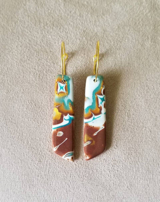 Mokume Gane - Mia Statement Earrings - Turquoise, Gold, Brown, and Pearl #6