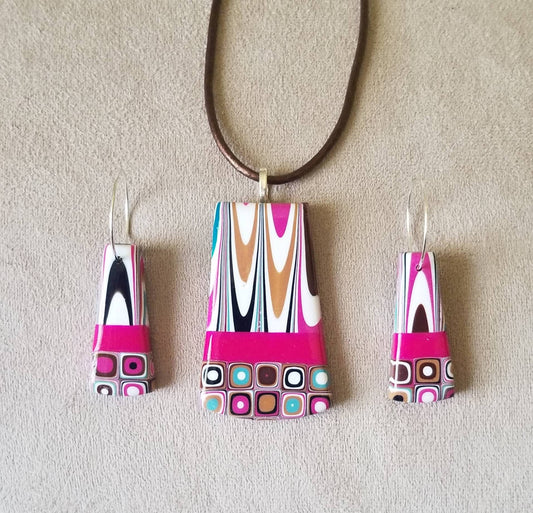 Klimt - Pendant and Earring Set - Fushia, Gold, & Black