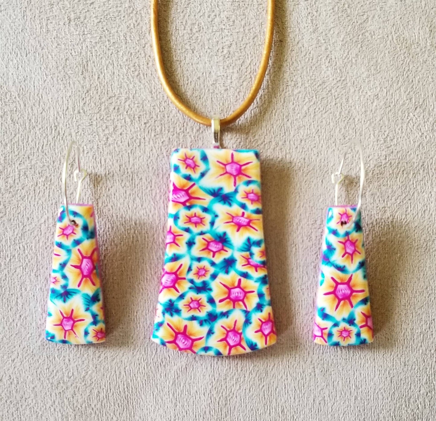 Floral - Boho Pendant and Earring Set - Hot Pink, Teal & Yellow #2